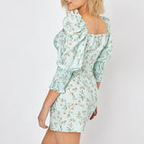 Puff sleeve floral print dress Autumn square collar bow tie