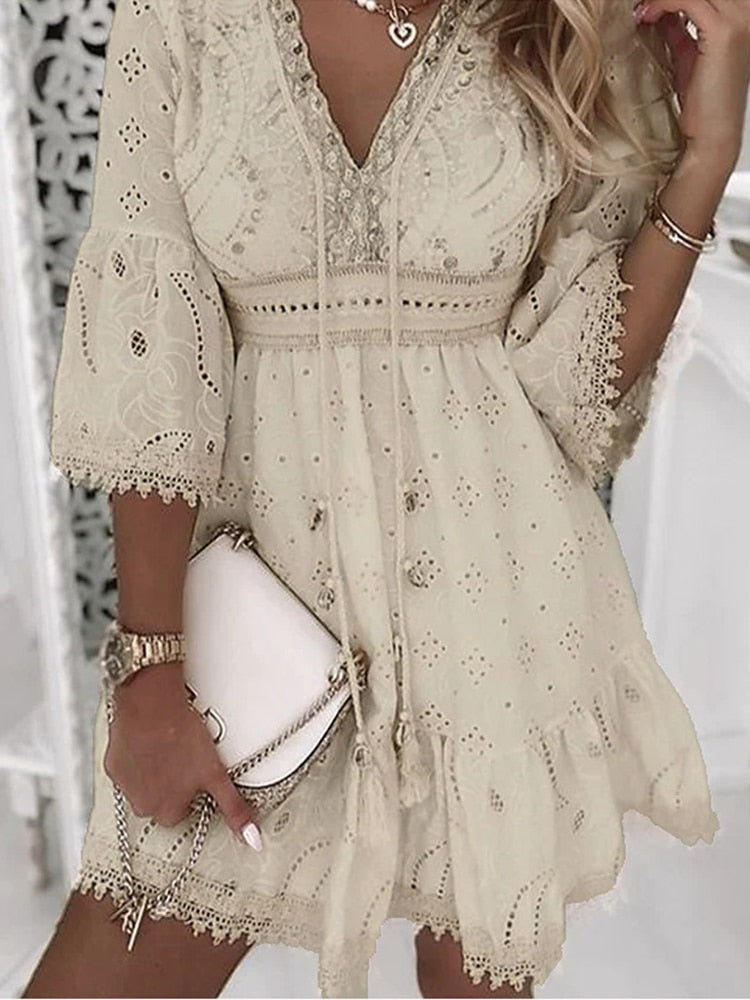 Elegant Lace Mini Dress Women Three Quarter Sleeve Dress Female V Neck Jeal Brand Collections Elegant Lace Mini Dress Women Three Quarter Sleeve Dress Female V Neck Jeal Brand Collections