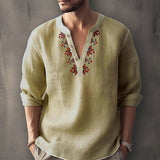 Fashion Graphic Print Mens T Shirt V Neck Buttoned Loose Long Sleeve