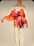 Fashion Print Satin 2 Piece Sets Women Casual Lantern Sleeve Off