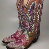 Western Mid Calf Bling Crystal Cowgirl Boots For Women