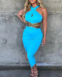 Sexy Rhinestone Decor Cross Cutout High Waist Bodycon Halter