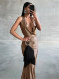 WJFZQM Sexy Halter Off Shoulder Sleeveless Backless Long Dress For