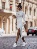 Women White Knitted Long Midi Dress Autumn Winter Solid Office Lady